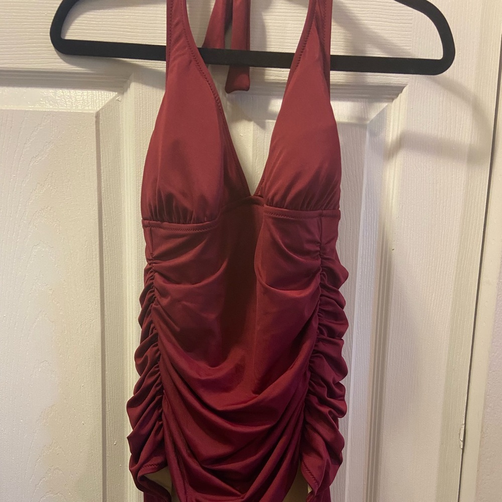 J. Crew Ruched Burgundy One Piece Swimsuit with Ties in Back